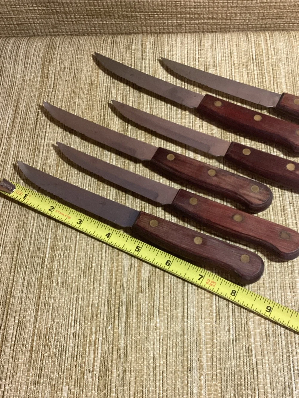 Vintage Serrated Brass & Wood Handle Steak Knife Set of 6
